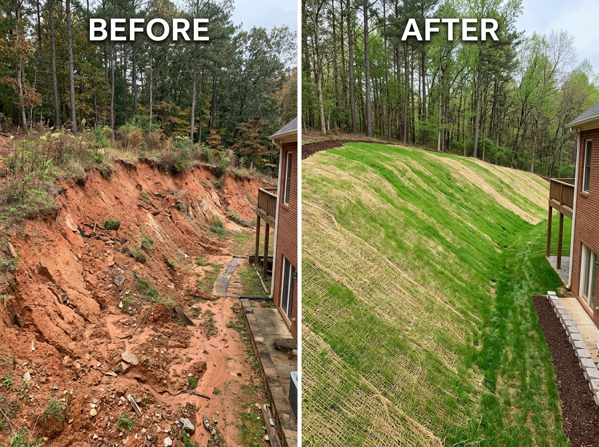 Slope erosion control before and after
